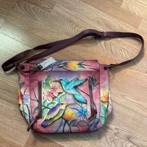Anuschka Floral  hummingbirds Painted Crossbody Bag